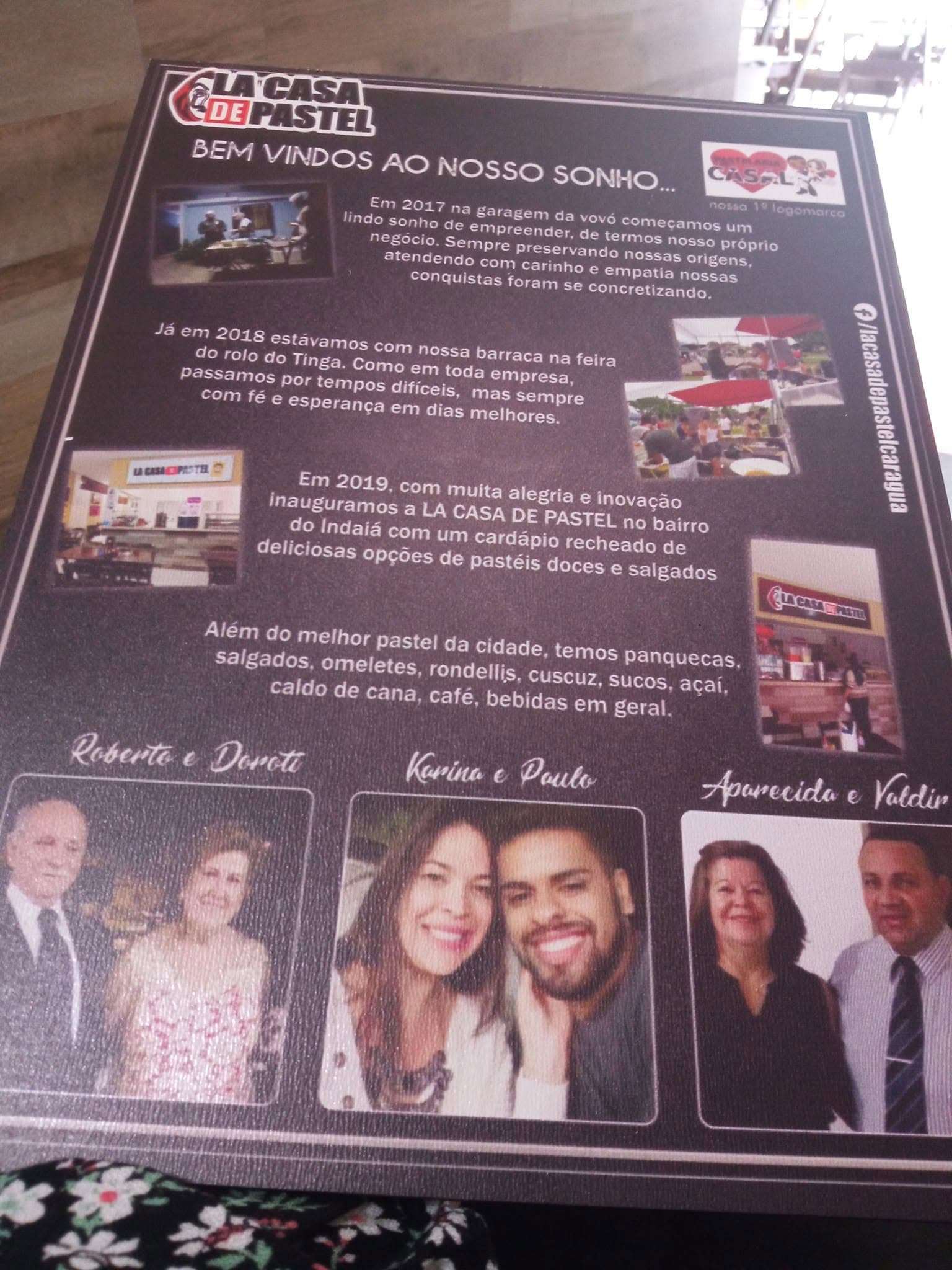 Mural da história da La Casa de Pastel e a família: Roberto e Doroti, Karina e Paulo, Aparecida e Valdir