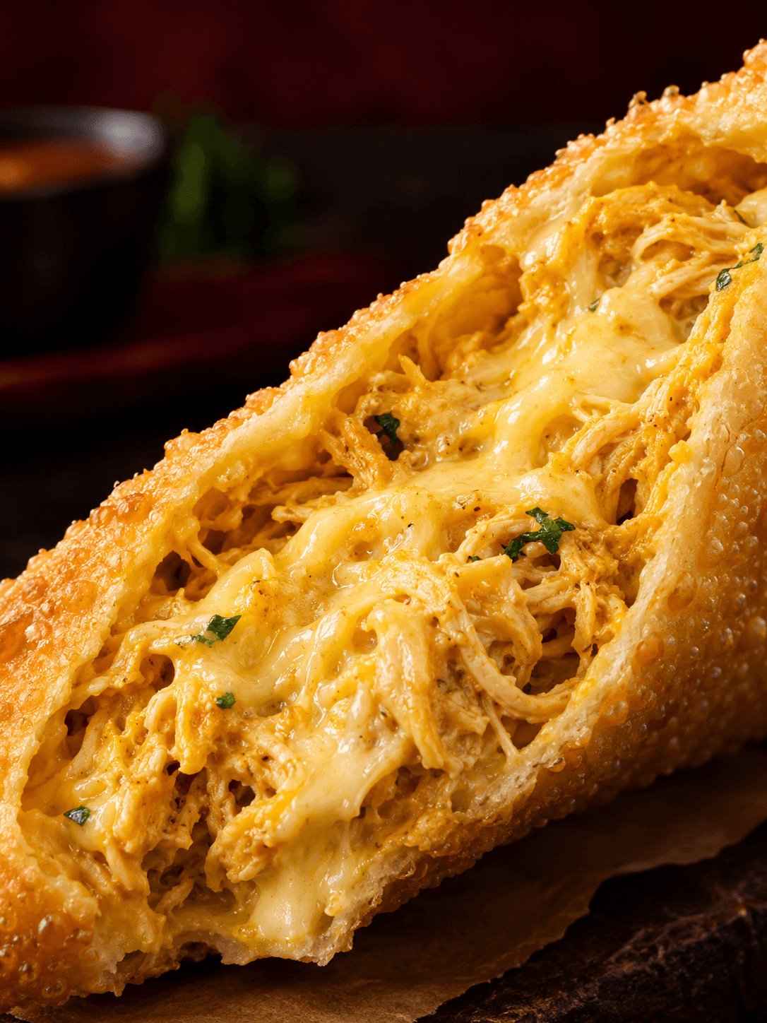 Pastel recém-saído da fritura, bem recheado